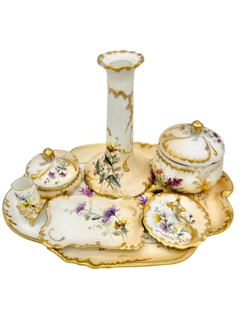 19th Century CFH GDM France Porcelain 7 pc Dresser Set Hand-Painted Floral+Gold